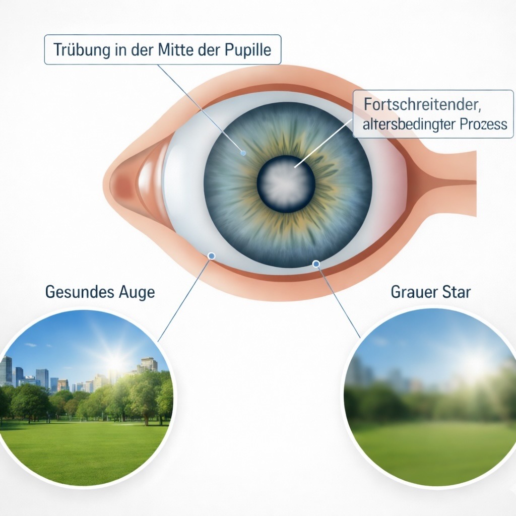 Diagramm eines Auges mit getrübter Pupille, das das Fortschreiten des Grauen Stars verdeutlicht. Die Einschübe vergleichen die klare Sicht mit der verschwommenen Sicht durch Katarakte und verdeutlichen die altersbedingte Trübung. Die Beschriftungen sind in deutscher Sprache; nützlich für Erklärungen zum Augenarzt und zur Prävention.