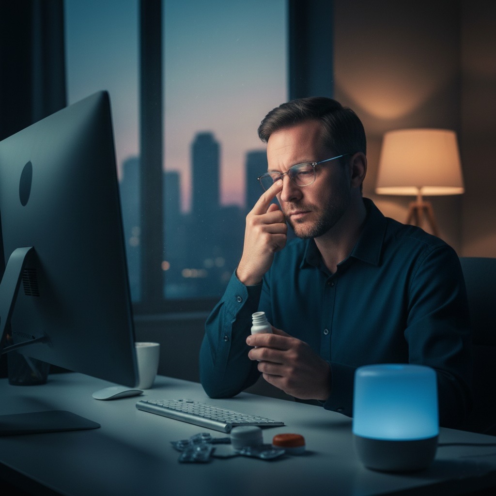 Ein Mann sitzt an einem Schreibtisch vor einem Computer und verabreicht Augentropfen. In der Nähe befinden sich Medikamentenflaschen von seinem Augenarzt, eine Tasse und eine brennende Lampe. Durch das Fenster im abendlichen Hintergrund sind städtische Gebäude zu sehen.